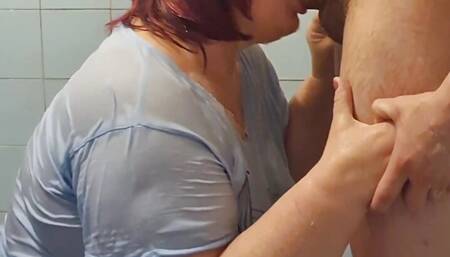 Busty Fat Granny blows some dick under the shower.
