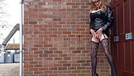 Tranny in PVC Masturbating in the Town