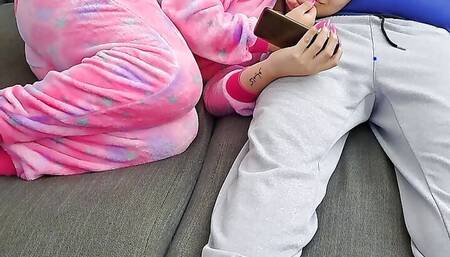 Stepsister sucks stepbrother and eats his sperm while he plays video games