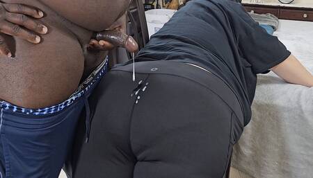 Sexy Big Ass Curvy Blonde Milf In Yoga Pants Twerking & Teasing Black Guy To Jerk Off & Cum On Ass