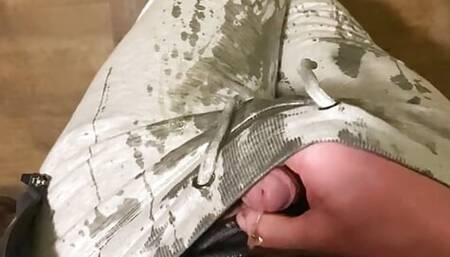 Self piss in grey tracksuit and socks