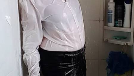 Getting soaking wet in my white blouse