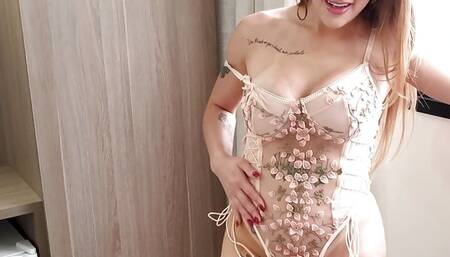 Sensual blonde shows off her pink lingerie and Big Dick fucks the naughty girl in various positions