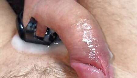 POV releasing chastity cage for sounding cumshot