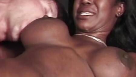 Ripped white boy loves to pound black pussy on the table