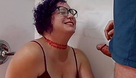 Cum on her glasses! (three angles)