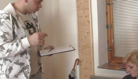 Slim blonde granny drilled by two postmen