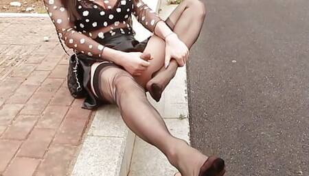 sissy on the side of the road cum on her nylon sole