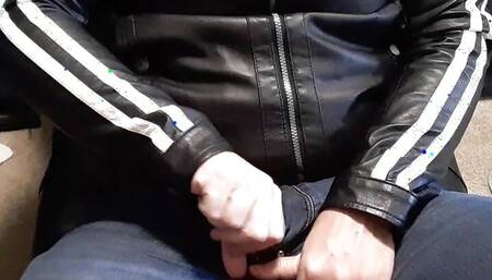 Gay jerk off in leather biker jacket
