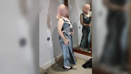 Hot sexy crossdresser in full length satin gown