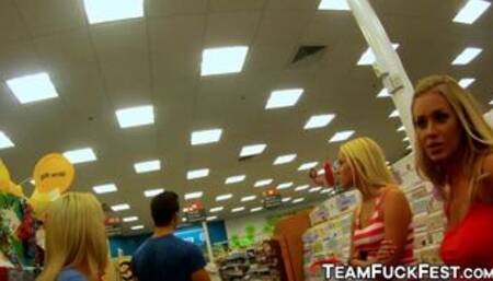 Stunning blonde pornstars pick up random guys in the store