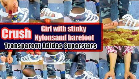 Sexy girl crushes my transparent Adidas Superstars worn barefoot apples and little man with sneakers aAdidas Girl Crush Apple Video, here I crush a few apples to a pulp with