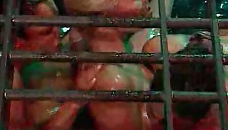 Wild party orgy with a group of gilrs rubbed with oil fuck each other and some horny guys