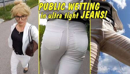 Tranny Walk & Wetting in hot white jeans !! Pissed in in public!