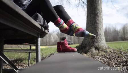 Milf at the park shoe and sock removal and foot show, pink mani pedi