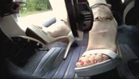 Wife drives in Sexy Platform Sandals - Pedal View