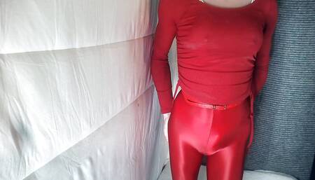 sissy crossdresser with big fake tits in red legging