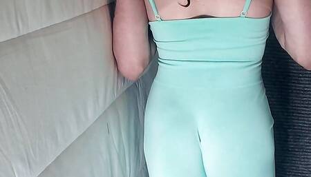 crossdresser fake big tits yoga outfit cam bulge in pants