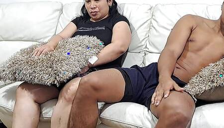 My horny stepmother masturbates while we watch a movie