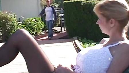 Blonde babe with huge bombs loves spooning on bed