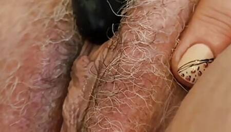 Part 1. Black Dildo and White Hairy Squirting Fat Pussy.