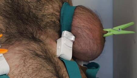 Male nipple torture with clothespins