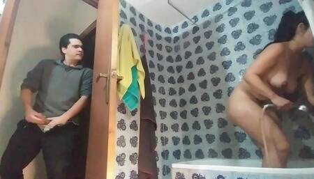 I spy my stepsister in the shower and catches me but she wants sex