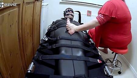 Edging,gauze polishing and post orgasm torment in a neoprene sleepsack- PART 1 -BBW domination,BBW bondage,amateur,sleep sack,man in bondage,male bondage,man tied up,bound and gagged man,strapped down,edged,handjob,CBT,cock ring,
