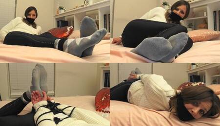 Bound and Gagged and Struggling in Sweater, Leggings and Socks