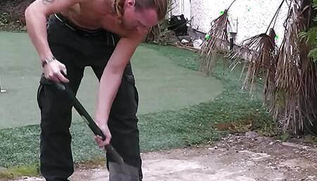 Plumper blonde in lingerie seduces garden worker