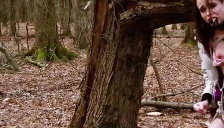 Electric play, piss, and rope suspension in a NJ forest for submissive Brooke Johnson