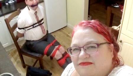 Man in adult school uniform tightly bound and gagged on kitchen floor 1- cam 1 part 1-schoolboy,BBW domination,BBW bondage,amateur,gay bondage,man tied up,bound and gagged man,struggling,socks,rope bondage,CBT,vet wrap,kicked balls,