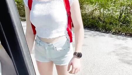 She pays the car ride with blowjobs, hitchhiker sex, car blowjob, sex by the beach, teenage blowjob by the beach
