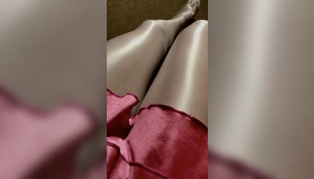 Hot legs dressing white shiny glossy tights and ultra high hells