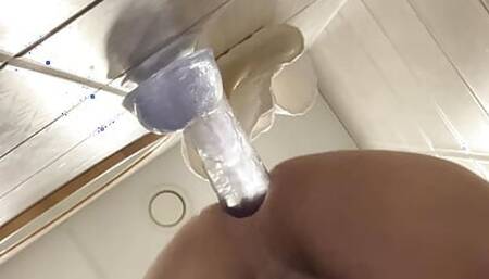 Sissy fucks her pussy by big transparent dildo