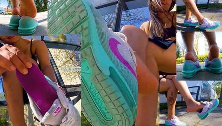 Barefoot in my old stinky sweaty nike airmax I take off my sweaty stinky nike air max and show you my sweaty stinky soles up close Shoeplay dipping Dangling