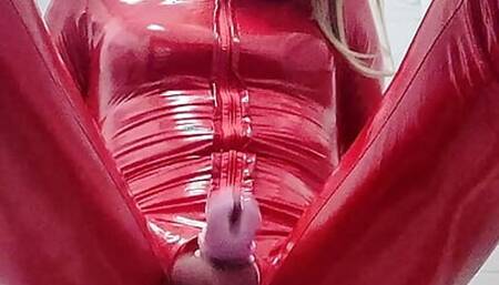 Riding on dildo on latex