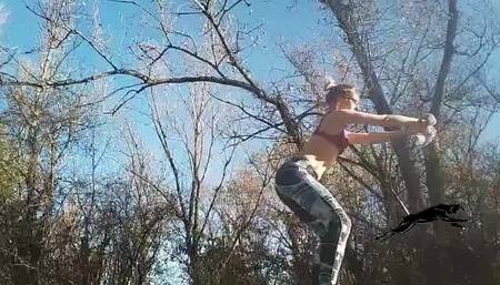 Sport session in the forest in leggings and lingerie
