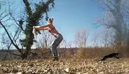 Sport session in the forest in leggings and lingerie