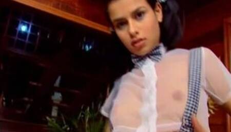 See through top brunette enjoying hardcore sex on the floor