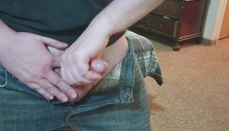 Stroking Dick Hanging Out of Jean Shorts