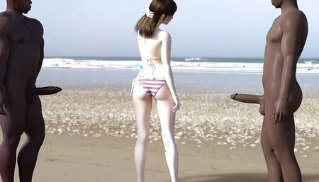 White girl gets blacked on the beach by 2 bbc men