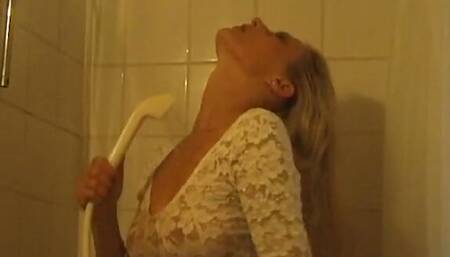 Michaela's first porn is an exhibitionist street whore masturbating her blonde pussy with a sex toy