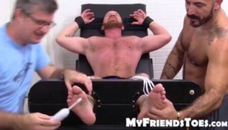 Hairy gay dude Red gets tied down and tickled on the chair