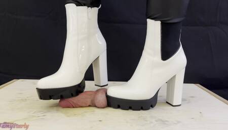Crushing and Trampling Slave's Cock in White Dangerous Heeled Boots 2 POVs with TamyStarly
