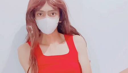 Cute Asian Redhead Trap Cum While Dildo Riding