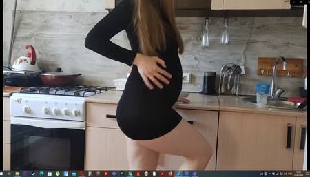 Slobbery blowjob and hard sex with a pregnant woman in a short black dress