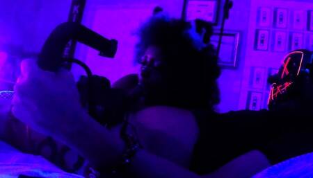 Neon Lit Ebony Catgirl Little Bleu J Tied to Bed and Fucked