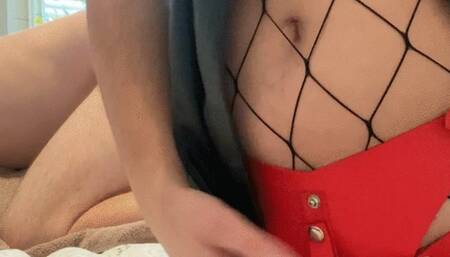 Scarlett Kage and Sweet T impact play session - cropping, flogging, spanking, light CBT - femdom, leather, fishnets, strap on, dildo MOV