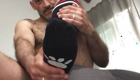 Putting my socks on.